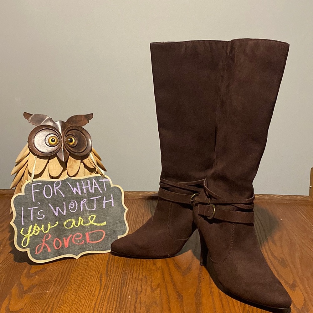 Vintage George Brown Faux Suede Knee High Heeled Boots Size 10